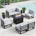 LayinSun Large Aluminum Patio Furniture Set with Fire Pit Table, 7 Pieces Modern Outdoor Conversation Set Sectional Metal Sofa Set with Olefin Cushion