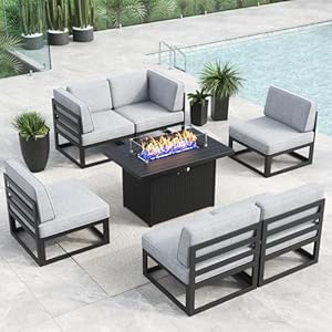 LayinSun Large Aluminum Patio Furniture Set with Fire Pit Table, 7 Pieces Modern Outdoor Conversation Set Sectional Metal Sofa Set with Olefin Cushion