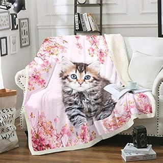 Cute Cat Fleece Throw Blanket Girly Pink Flowers Sherpa Blanket for Kids Adult Lovely Pet Cat Plush Blanket 3D Animal Theme Fuzzy Blanket for Sofa Bed Kawaii Kitten Room Single 50x60 Inch
