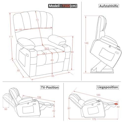M MCombo Fernsehsessel mit Aufstehhilfe Elektrisch, Verbreiterte Rückenlehne Sessel mit Aufstehhilfe, Massage & Heizung, Relaxsessel mit Liegefunktion bis 145° USB 7102 (Stoff, Beige) – Bild 4