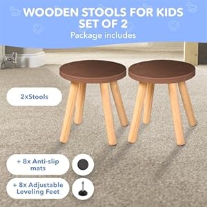   Cateam-Wooden-Step-Stool-for-Kids-and-Toddlers-Set-of-2-Walnut-Extendable-Legs-Kids-Chair-Sensory-Table-Stool-Childrens-Round-Sitting-Stool-with-Leveling-Feet-and-Anti-Slip-Pads