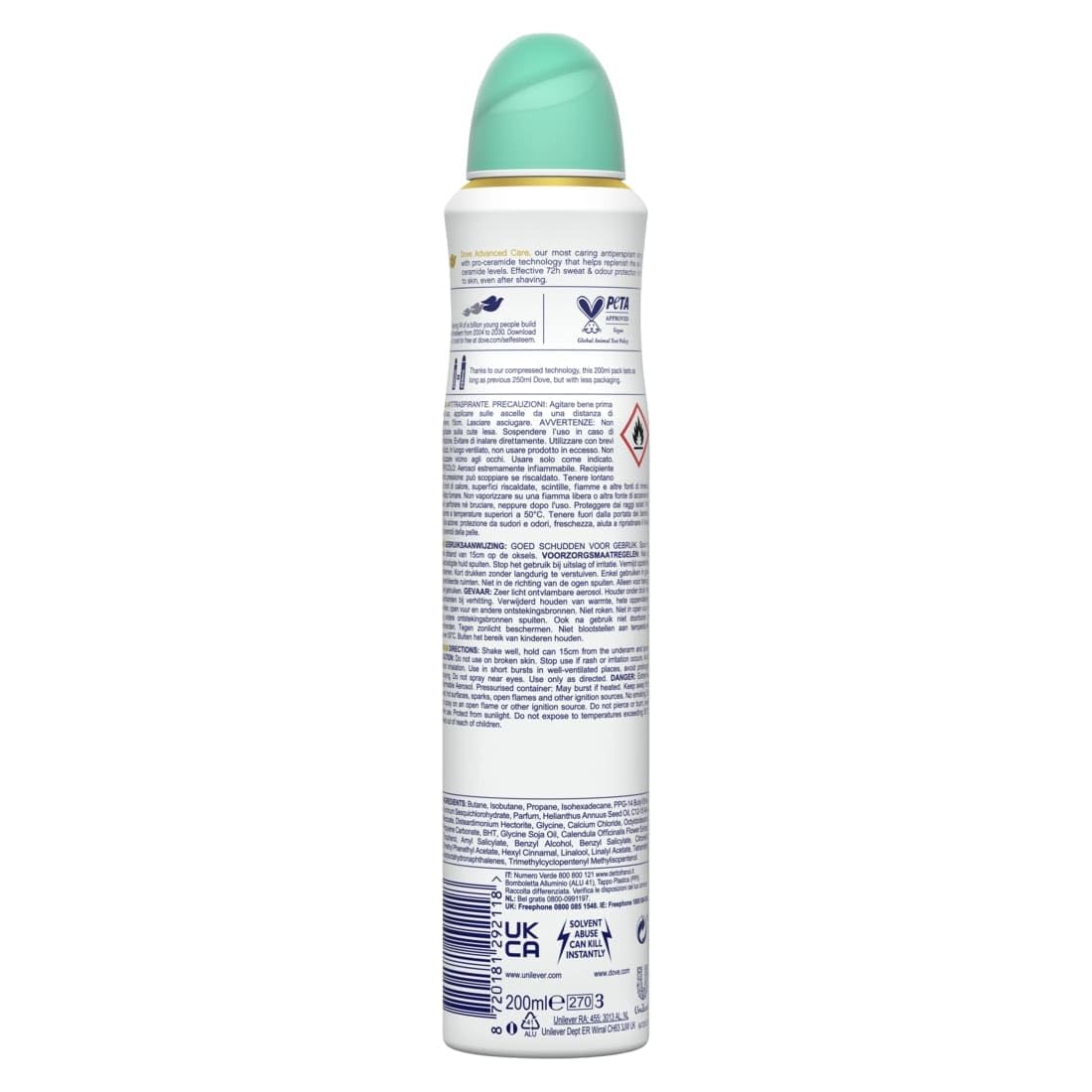Dove Deodorante Spray Advanced Care Go Fresh Pera e Aloe Vera, con Formula Idratante e Delicata sulla Pelle, Senza Alcol, Pelle Asciutta Fino a 72 Ore, Deodorante Uomo e Donna, 6 Pezzi da 200ml