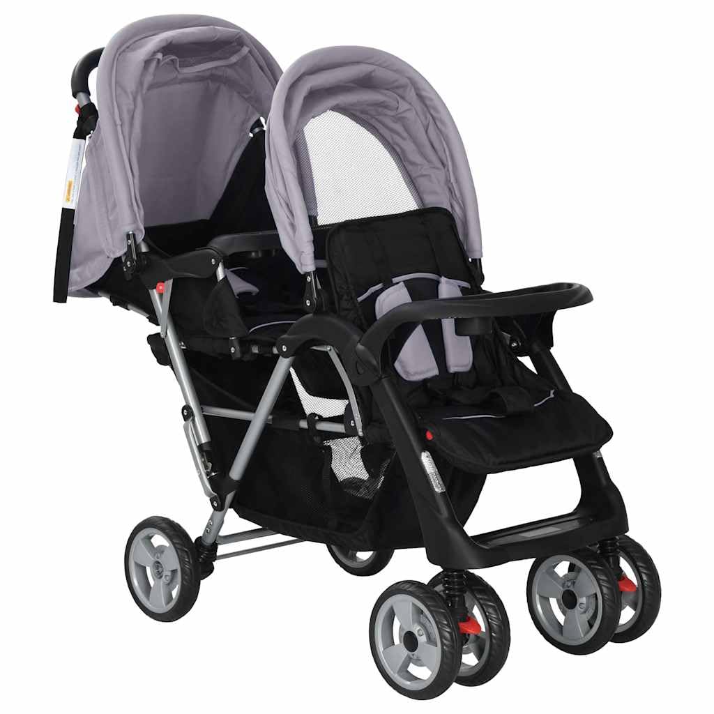 Poussette Double, Poussette Tandem Deux Places Pliable acier gris et noir