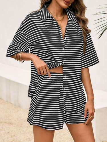 Image of Tankaneo Womens Striped 2 Piece Sets Short Sleeve Lounge Set