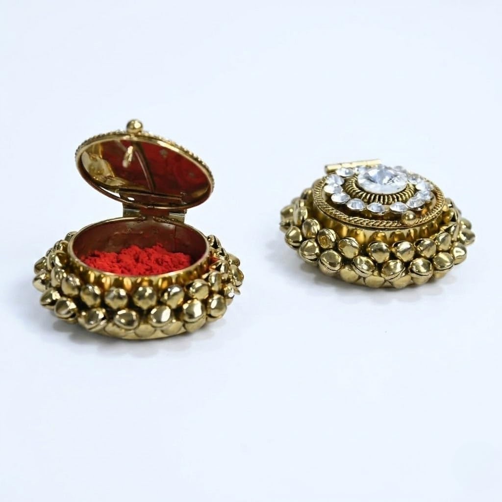 Traditional Crystal Kumkum Box Hinged Lid Antique Gold Sindoor Dibbi for Pooja Decorative Haldi Kumkum Container Stone Work Brass Finish Kumkum Holder for Home Temple, Wedding Return Gifts-image-26