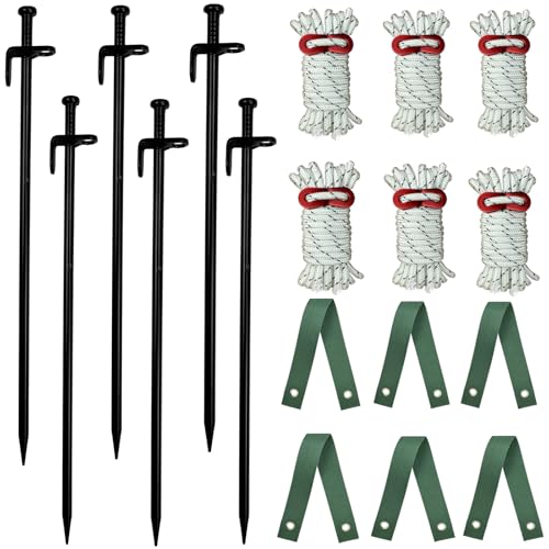 Juego de 6 estacas para árbol, estacas de acero para árbol que soportan viento fuerte, kit de enderezamiento de ancla de árbol inclinado con 6 líneas reflectantes de 4 m y 6 correas de árbol para