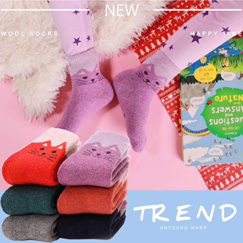 Antsang Kids Wool Hiking Socks Toddlers Boys Girls Winter Warm Thick Thermal Crew Boot Heavy Cozy Snow Cabin Gift Snowboarding Socks 6 Pairs For Child(Cat,4-7Y) #TOP4