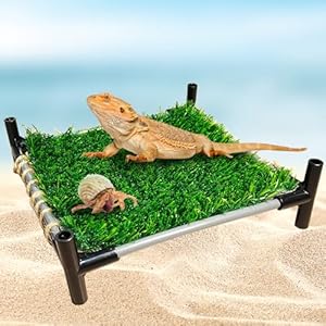 FlidRunest Bearded Dragon Resting Lawn Hammock Bed, Simulation Grass Lizard Climbing Bed, Green Bed Platform Lounger Habitat Decor for Bearded Dragon Gecko Lizard Hermit Crabs Tortoise (Large)
