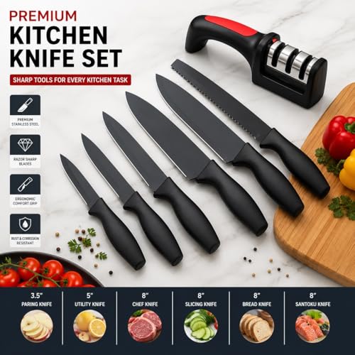 Image of Kitchen Knife Set 3-Piece with Knife Sharpener Tool, Stainless Steel Chef Knives, Sharp Cutting Knives for Kitchen, Vegetable, Fruit & Meat Cutting (6 Knife Set + Knife sharpner)