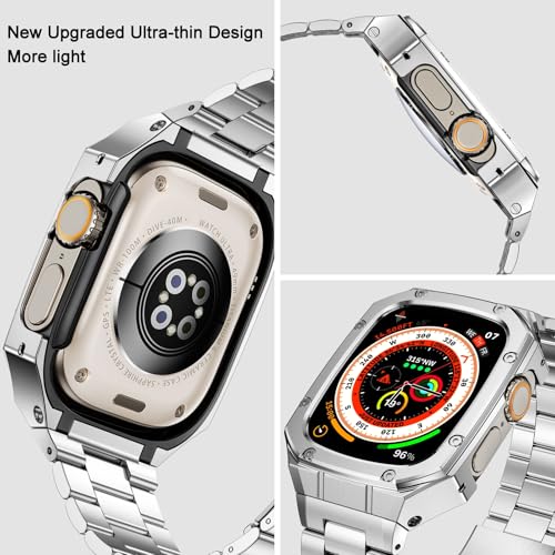 Image of BAITEYOU Stainless Steel Watch Band with Case Compatible with Apple Watch Ultra 3 2 1 band (49mm), Rugged Strap with Metal Protective Bumper Cover for iWatch Bands Men (Silver)