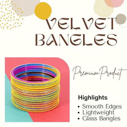Image of NMII Glass Bangles For Women and Girls with Velvet and Golden Ballchain Linked | Plain Glass Bangles | Velvet Chudi Set | Bangles For Women | Stylish Glass Chudi Bangles- Set of 28