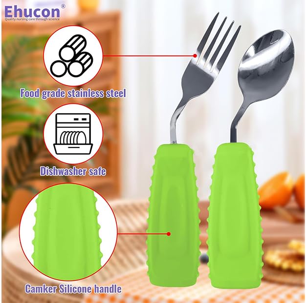 Image of Adaptive Utensils Angled Spoon and Fork for Hand Tremors Parkinsons,Weighted Utensils with Non-Slip Easy Grip Handles for Independent Eating (1pcs Spoon+1pcs Fork=2 pcs,Green,Left Hand)