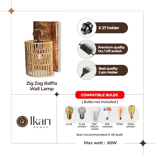Image of Ikari Homes Rustic Wooden Wall Lamp I Cylindrical Raffia Shade I Vintage Wall Lamp I Boho Rattan Wall lamp for Bedroom /Balcony /Living Room /Outdoor /Entrance - Size 10 x 5 in (Zig Zag Raffia)