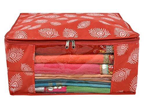 Image of Kuber Industries Leaf Printed Saree Cover With Transparent Window Pack of 6 (Orange)