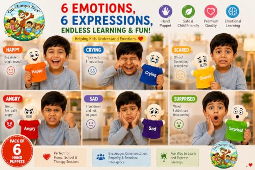 Image of Emotions Hand Puppets for Kids (Pack of 6) | Happy, Crying, Angry, Sad, Scared & Surprised Emotion Puppets | Educational Learning Toy | Feelings & Social Emotional Learning.