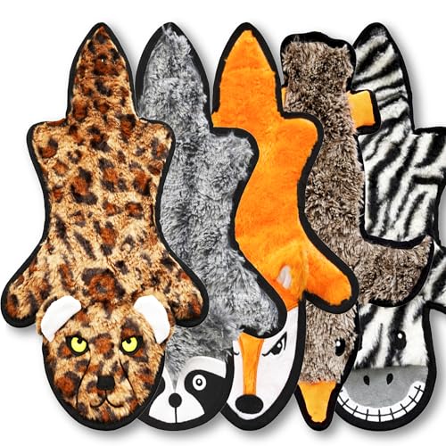 Jalousie 5 Pack Ultra Tough No Stuffing Squeaky Dog Toys for Large Dogs No Mess Interactive Durable Plush Chew Toy Indestructible Dog 6 Layers (5 Pack Strong Plushy Animal Pattern, Large to XLarge)