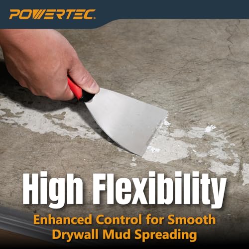 Image of POWERTEC 4-Inch Stainless Steel Drywall Joint Knife - Flexible Blade, Soft Grip, for Patching, Taping, Scraping (72172)