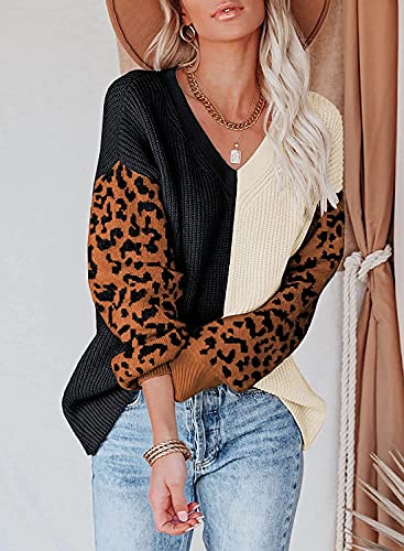 Image of ANCAPELION Women's V Neck Sweater Pullover Leopard Long Sleeve Basic Color Block Jumper Casual Knitted Tops