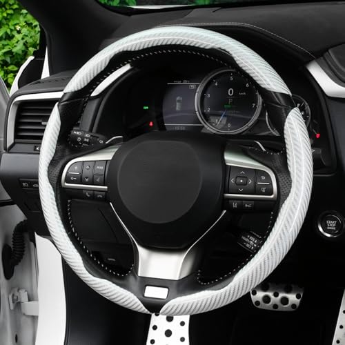 Image of Amiss 3pcs Carbon Fiber Anti-Skid Steering Wheel Cover, Waterproof Design, Universal Fit for 14-16 Inch Car Wheel Cover, Interior Car Accessories for Jeeps, SUVs, Trucks (Glossy White)