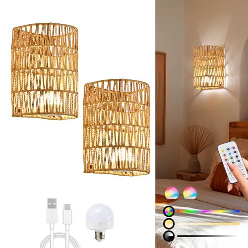 Rattan Battery Wall Sconces Set of 2 Dimmable
