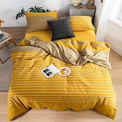 Yellow Stripe Duvet Cover King 100% Washed Cotton Bedding Set Patchwork Stripe Comforter Cover Modern Hotel Luxury Soft Bedding Set 1 Duvet Cover with 2 Pillowcases Stripe Bedding Set