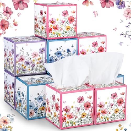 Image of Fourluoo 12 Pack Floral Facial Tissues Cube Boxes, 600 Sheets 3 Ply | Small Square Wildflowers Face Tissues Bulk for Summer Fall Car Bedroom Office Supplies Disposable