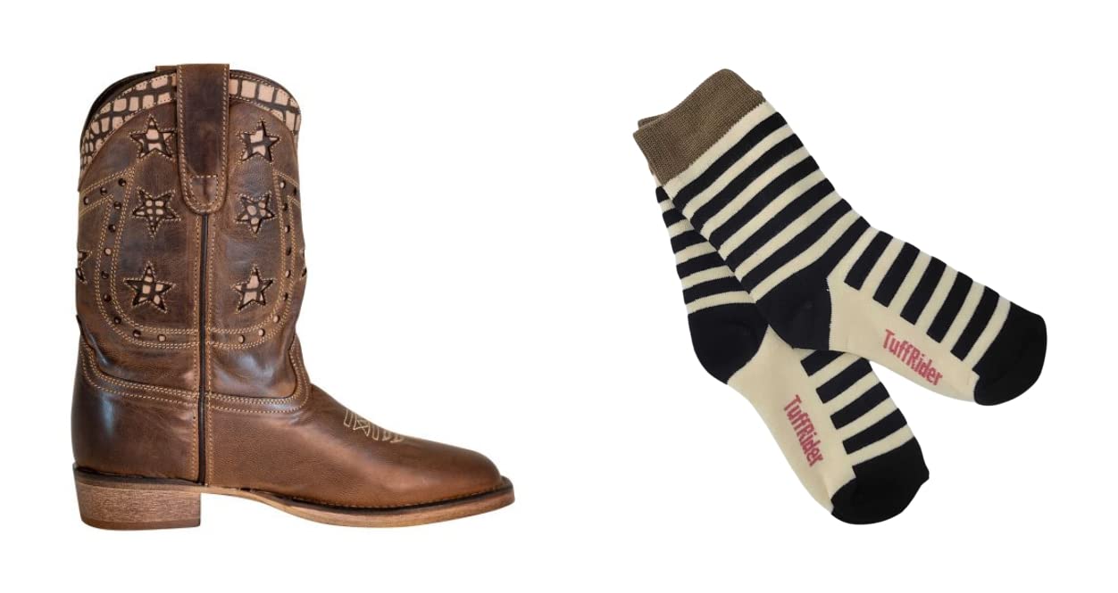 TuffRider Children's Rocky Mountain Square Toe Western Boot- Brown- With Free Assorted Striped Socks