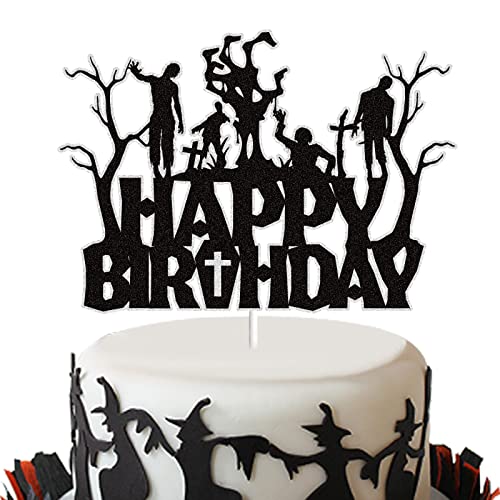 Zombies Happy Birthday Cake Topper Black Glitter Horror Monster Zombies Cake Decor Spooky Halloween Themed Party Supplies For Kid’s Birthday #TOP28