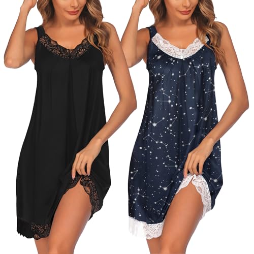 Image of Ekouaer Womens Nightgown 2 Pack Nightgown V Neck Lace Sleepwear Sleeveless Chemise Women's nightgowns & sleepshirts S-XXL
