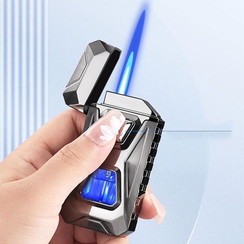 Voice Activated Windproof Dual Flame Lighter, USB Rechargeable Arc Lighter,Jet Flame and Soft Flame, Visible Transparent Window, Refillable Butane Lighter, Cool Lighters Gift for Men(Green)