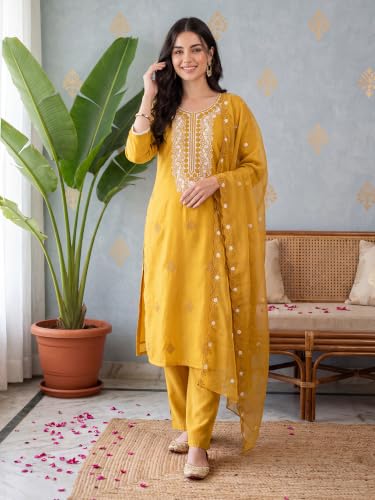 Image of INDO ERA Women's Silk Blend Embroidered Thread Work Kurta & Pant with Dupatta Set | Suit Set For Women