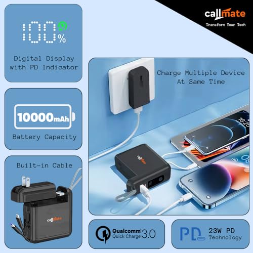 Image of CALLMATE Globetrotter 23W PD Fast Charging 10000mAh Power Bank with Built-in Charger (2.4A), USB-A QC 3.0 & USB-C PD Output Port with Built in Cable (Light-ning & Type C) (Black)