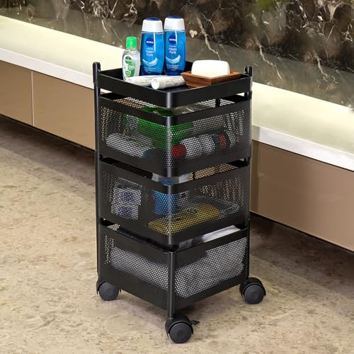 Kitchenwell Metal Multi-Purpose Trolley Storage Organizer and Kitchen Accessories Items for Kitchen Storage Rack Square Design Fruits & Vegetable Onion Cutlery (Matt Black, 3 Layer Drawer) 3 515LUzt+6ZL