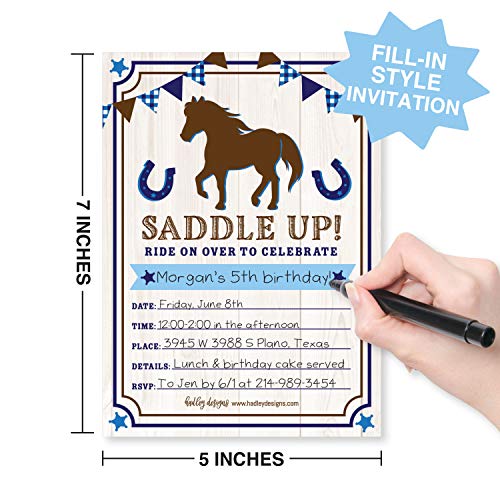 Image of Hadley Designs Kids Birthday Invitations For Boys Horse Theme - 25 Horse Birthday Party Invitations For Boys, Saddle Up Invites For Boy, Cute Pony Party Supplies, Made In USA
