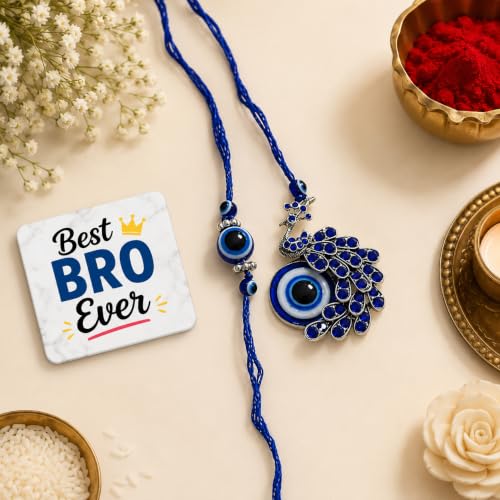 Image of eCraftIndia Designer Evil Eye Bhaiya Bhabhi Rakhi with Best Bro Ever Fridge Magnet, Blue Peacock Rakhi Set for Brother & Bhabhi, Raksha Bandhan Gift with Roli Chawal