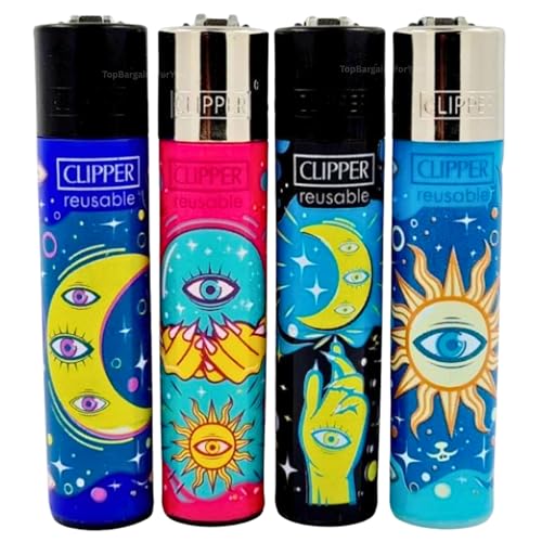 Zactly - 4 x Clipper Lighter Set Gas Refillable Windproof Lighters Standarad Size Replaceable Flint Rare Limited Edition (Taroting 1 Fortuna Eye)