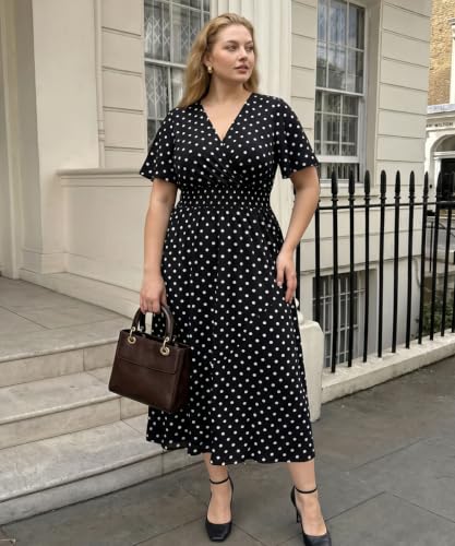 Image of CARCOS Plus Size Dresses for Curvy Women V Neck Summer Maxi Dress Short Sleeve Floral Boho Dress Smocked Waist Beach Dress