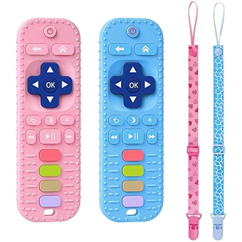 Aolso Silicone Baby Teething Toys, 2PCS Remote Control Shape Teething Toys,Teething Toys with 2PCS Pacifier Clip,Babies Chew Toys for BPA Free,3 Months+ Baby Teethers Soothe Toys(Blue&Pink) Cover