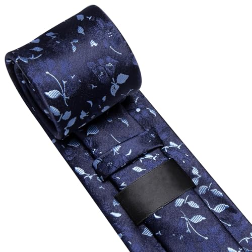 Image of Dubulle Mens Navy Blue Floral Paisley Striped Tie and Handkerchief Cufflinks Tie Set for Men Wedding Business Formal