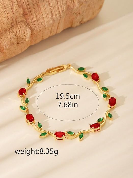 Image of Fairy Bloom Floral Tulip Bracelet With Red Green Crystal Stones For Girls & Women | Elegant Anti Tarnish Golden Chain Link Floral Branches Bracelet | Lightweight Jewellery For Daily Wear & Gifts