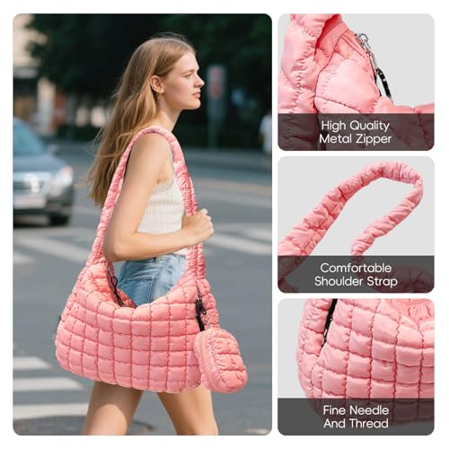 Image of Puffer Tote Bag for Women, Large Quilted Puffer Bag with Pouch, Puffy Quilted Hobo Bag, Puff Crossbody Purse