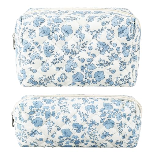 ZLFSRQ 2Pcs Floral Makeup Bag Cute Quilted Makeup Bag Preppy Pencil Pouch Small Cosmetic Bags Aesthetic Travel Toiletry Bags Preppy Pen Pouches Makeup Pouch for Purse Zipper Skincare Storage Organizer