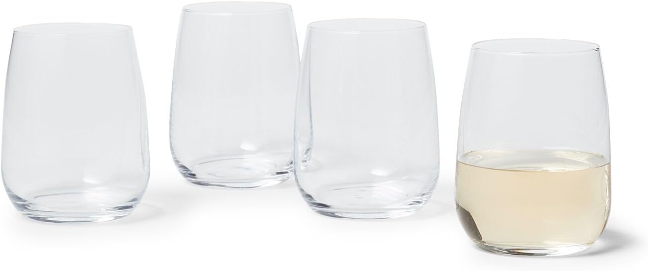 Sur La Table Bistro Stemless Wine Glasses, Set of 4, Crystal-Clear Stemless Wine Glasses for Everyday Dining and Casual Entertaining, Set of 4