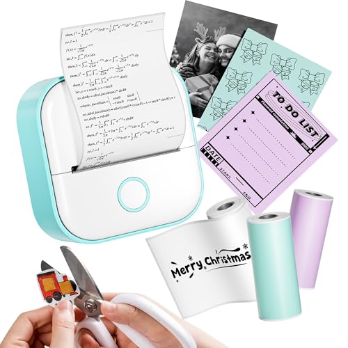 Phomemo T02 Mini Printer Bluetooth Portable Printer Inkless Sticker Printer with 3 Rolls for DIY Creation Study Notes Pictures Receipts Smart AI APP for Phone & Tablet Green