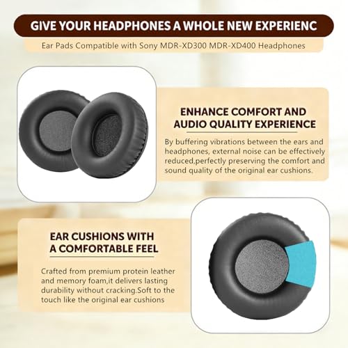 MDR-XD300 Almohadillas de Repuesto Mejoradas Compatibles con Auriculares Sony MDR-XD300 MDR XD400 en Cuero Proteico y Espuma de Memoria (Negro) miniatura 3