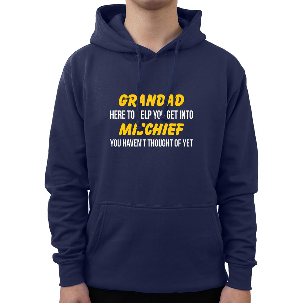 Funny Grandad Here to Help You Get Into Mischief Sarcastic Grandfather Witty Humor Hood Gift for Him Adults Mens Hoodie(XL, Navy)
