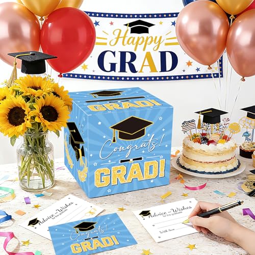 Image of Graduation Card Box Graduation Decorations 2026 Grad Card Box for Gift Graduation Party Favors Decor Party Supplies (Blue, 50 Cards)