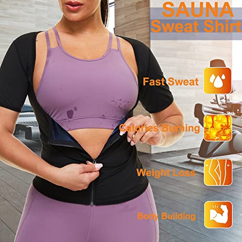 Sauna Sweat Shirts For Women Sauna Suit Short Sleeve Waist Trainer Top Fitness Slimming Body Shaper Zipper #TOP3
