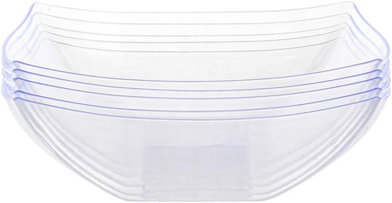 PARTY BARGAINS 32oz Square Plastic Bowls - 5 Pack, Clear, Heavy Duty Shatterproof Disposable Fancy Serving Bowls, Premium Quality Salad Bowls for Weddings, Baby Shower, Party Snack