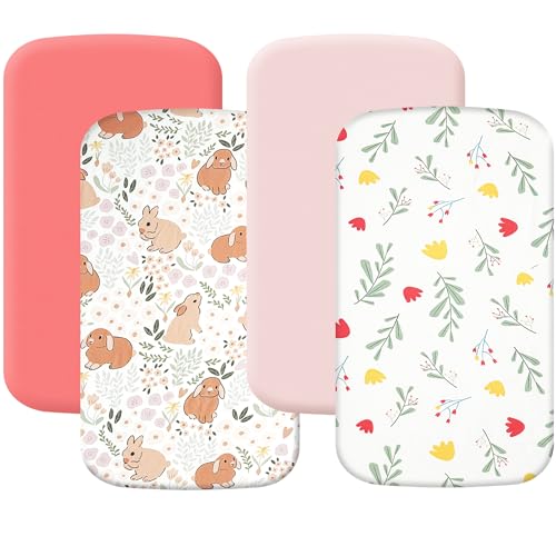 Image of 4 Pack Bassinet Fitted Sheets Compatible with 19" x 33" Koolababy/Koolerthings, BCOL, Semphis, Cowiewie and IKOMZY Baby Bassinet, Soft and Skin-Friendly, Pink and Rabbit